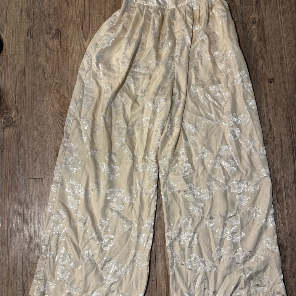 Urban Outfitters Cream Floral Wide Leg Pants